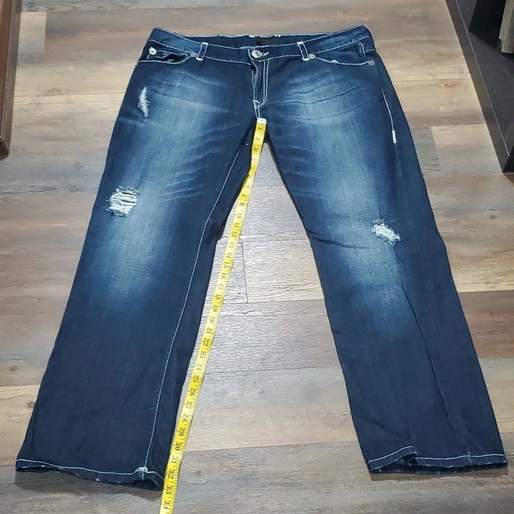 True religion Nathan giant big t distressed dark wash pocket flap jeans